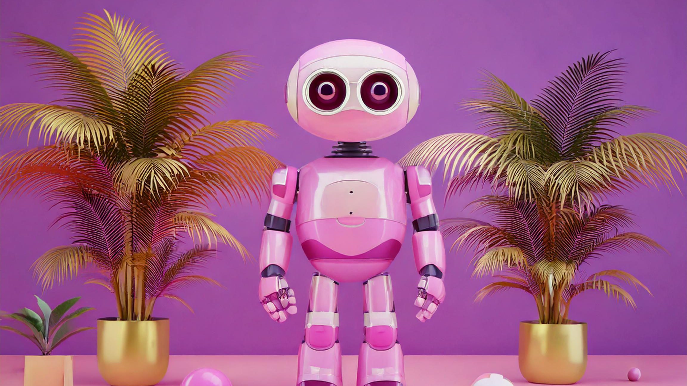 a nice AI robot surrounded bu plam trees in Martinique